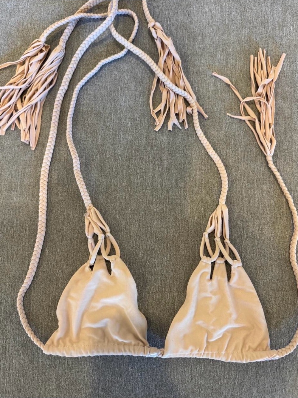 acacia swimwear Beige Braided Tassel Triangle Bikini Top